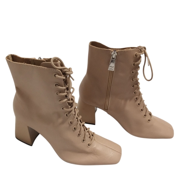 Zara Beige Square Toe Lace-Up Block Heel Ankle Boots Women’s Size 7.5 (38) - Picture 3 of 7